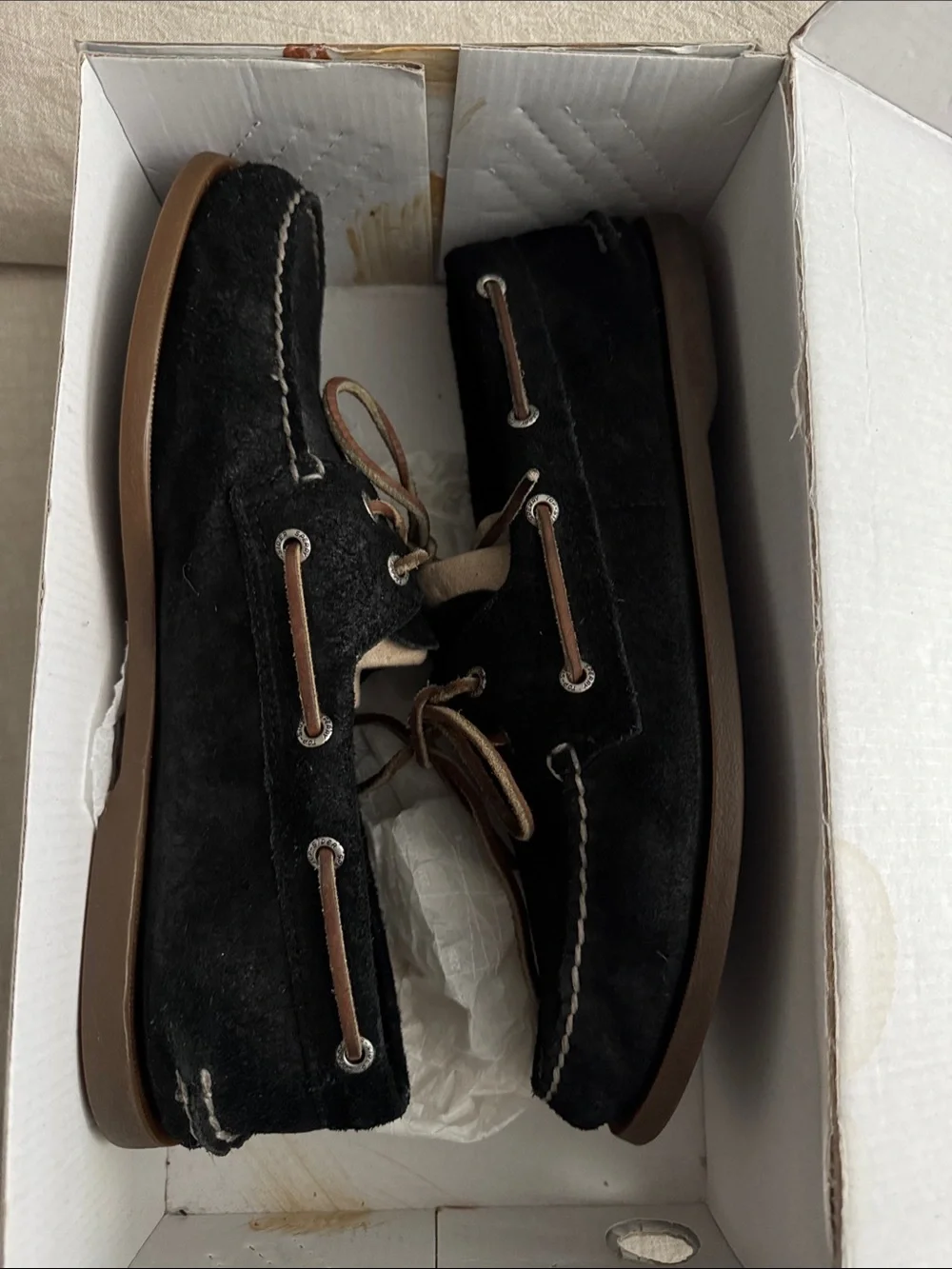 Sperry Black Suede Boat Shoes with Brown Trim
